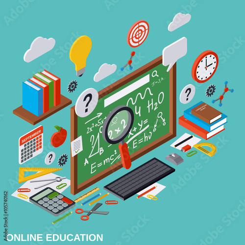 Online education, learning, teaching flat 3d isometric vector illustration