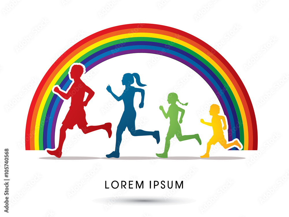 Obraz premium Family running silhouettes, designed on rainbows background graphic vector