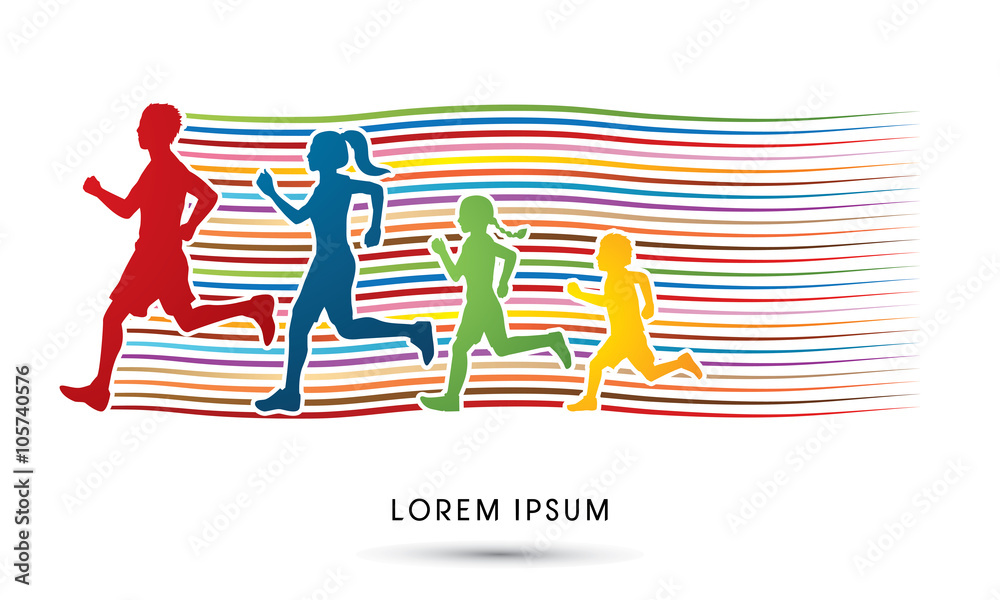 Fotografie Family running silhouettes