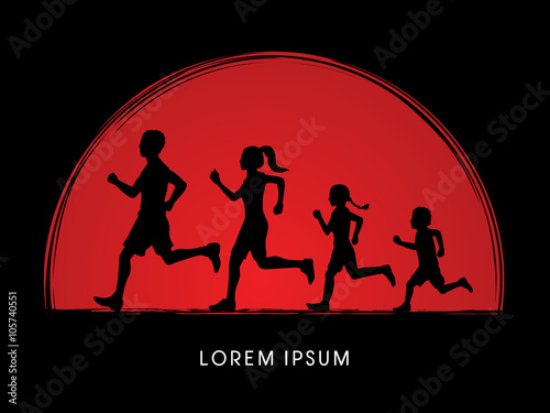 Family running silhouettes, designed on sunset background graphic vector