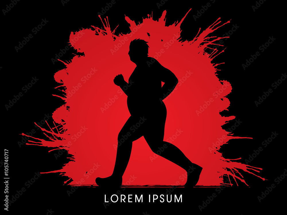Fat man running designed on splash blood background graphic vector.
