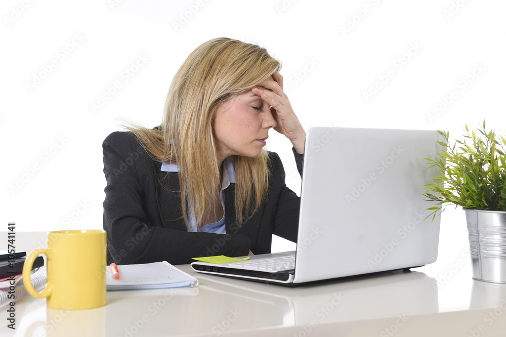 young beautiful business woman suffering stress working at office frustrated and sad young beautiful business woman suffering stress working at office frustrated and sad