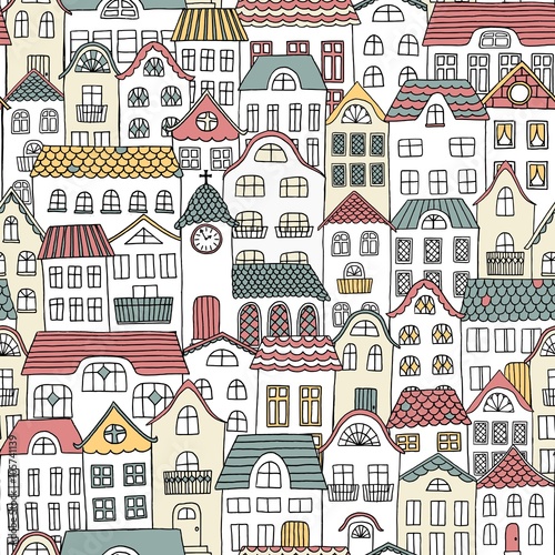 Hand drawn seamless pattern of a city with cute houses and a little church