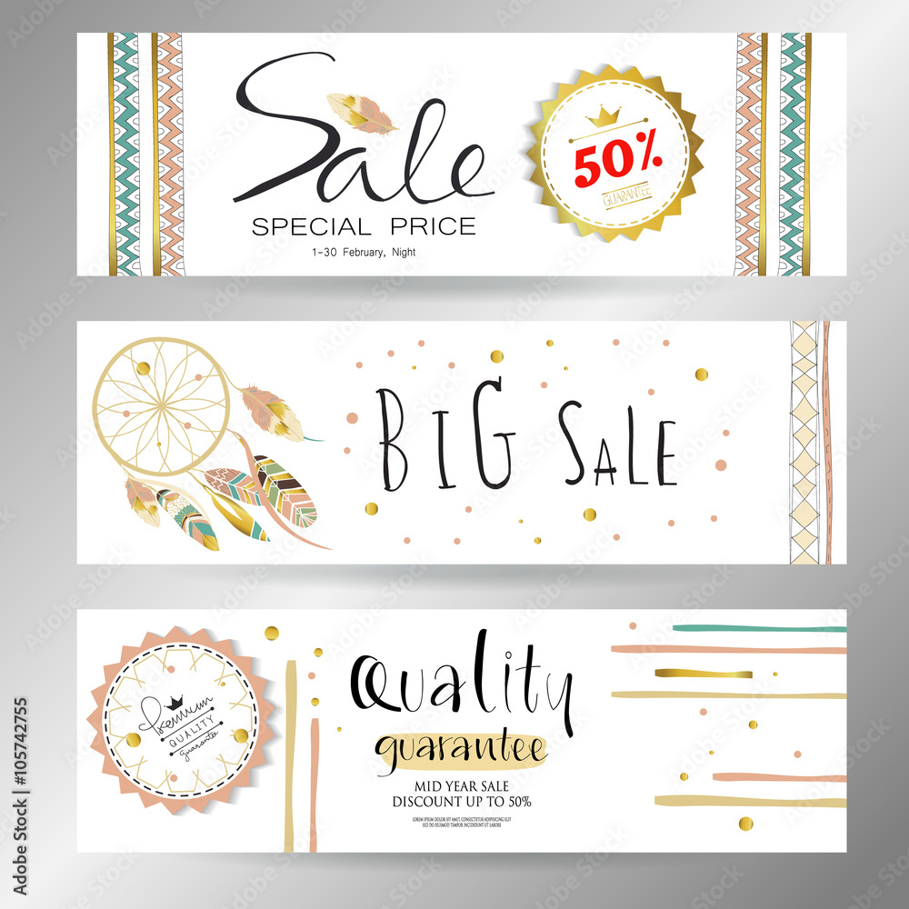 Naklejka premium Light green gold pink tag sale in boho style on valentine's day