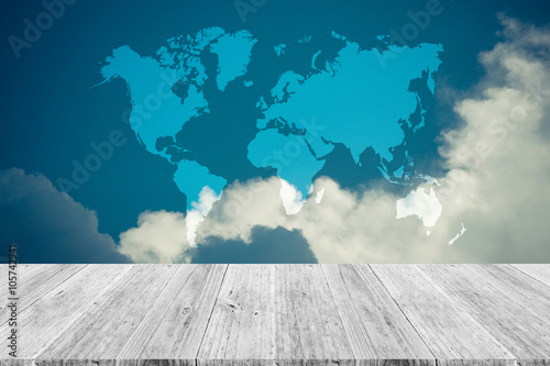 Blue sky cloud with Wood terrace and world map   process in vint