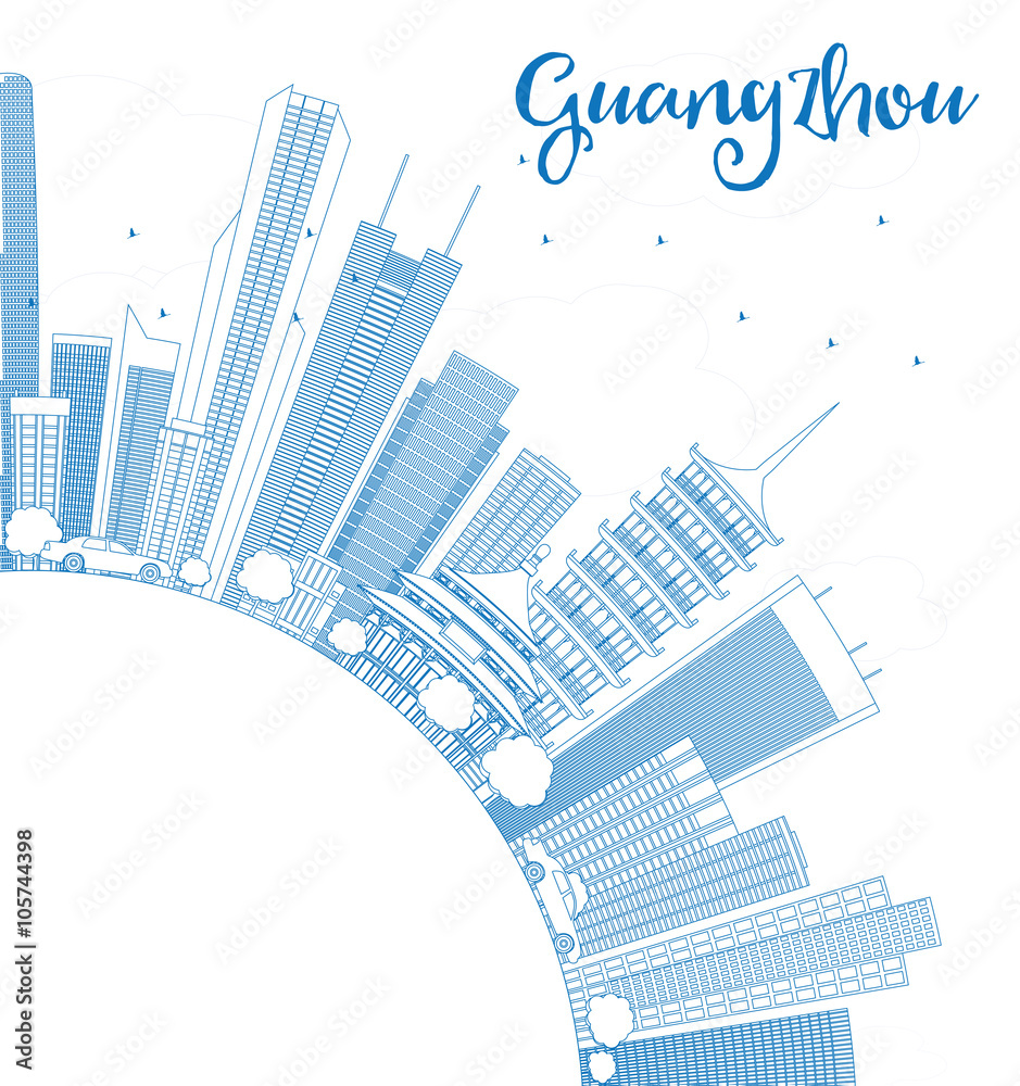 Outline Guangzhou Skyline with Blue Buildings and Copy Space.