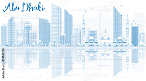 Outline Abu Dhabi City Skyline with Blue Buildings and Reflectio