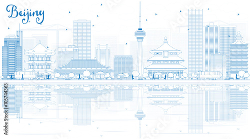 Outline Beijing Skyline with Blue Buildings and Reflections.