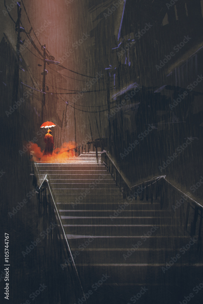 Obraz premium man with lights umbrella standing on stair in the night rain,illustration painting
