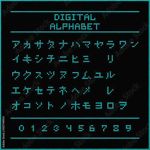 Digital alphabet. Font of the blue dots - katakana letters. Vector illustration 10 EPS