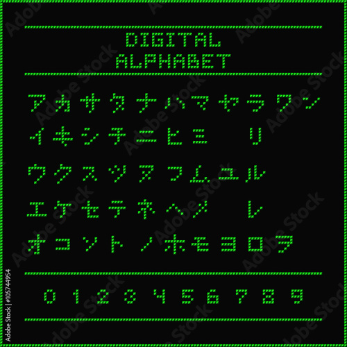 Digital alphabet. Font of the green dots - katakana letters. Vector illustration 10 EPS