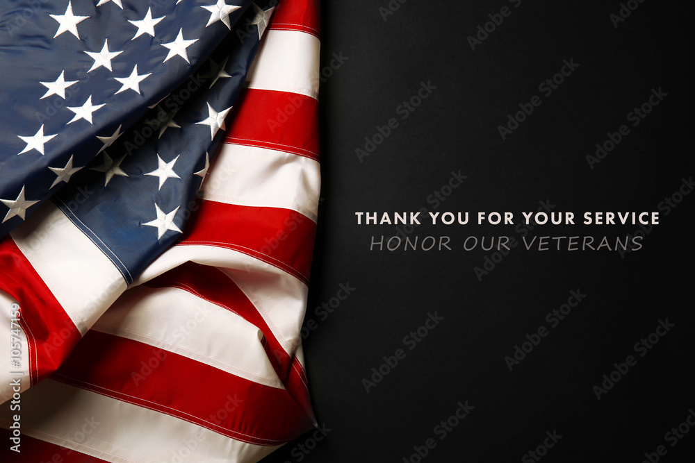 Naklejka premium Text Thank You For Your Service on black background near American flag