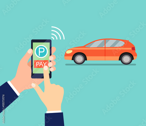 Smartphone with processing of mobile payments in the hands of men. Pay Parking. Near field communication technology concept. Flat design style vector illustration.