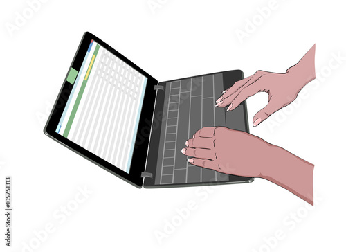 Hands of the girl. Working behind the touchscreen laptop.