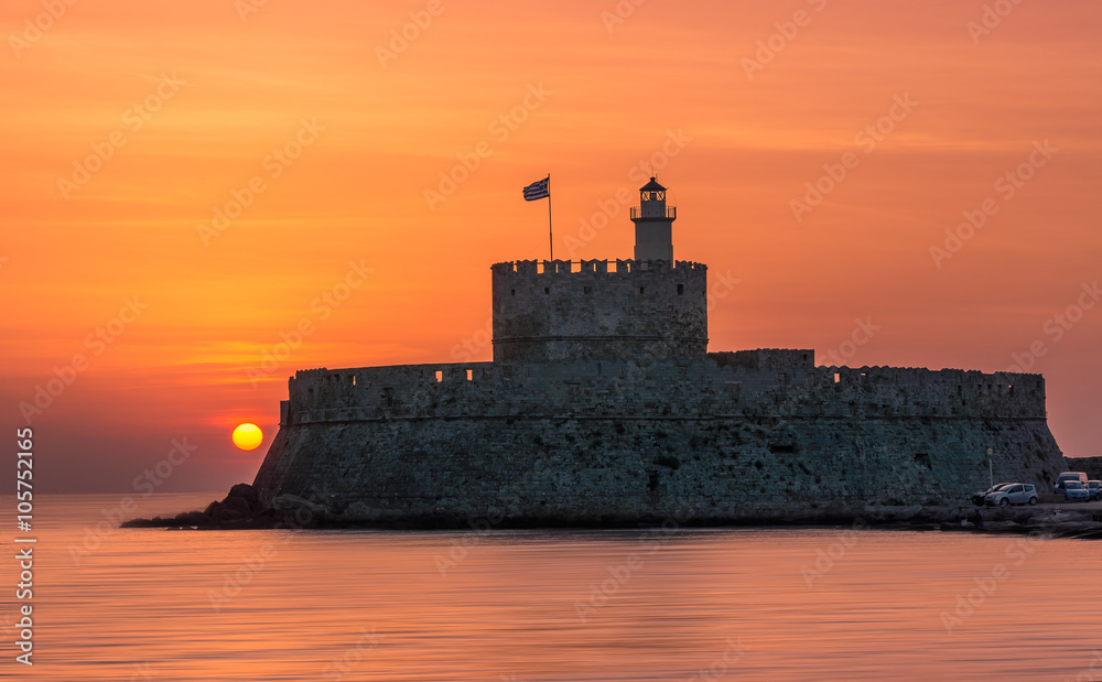 Tower and Fort of Saint Nicholas lighthouse in Rhodes, Greece