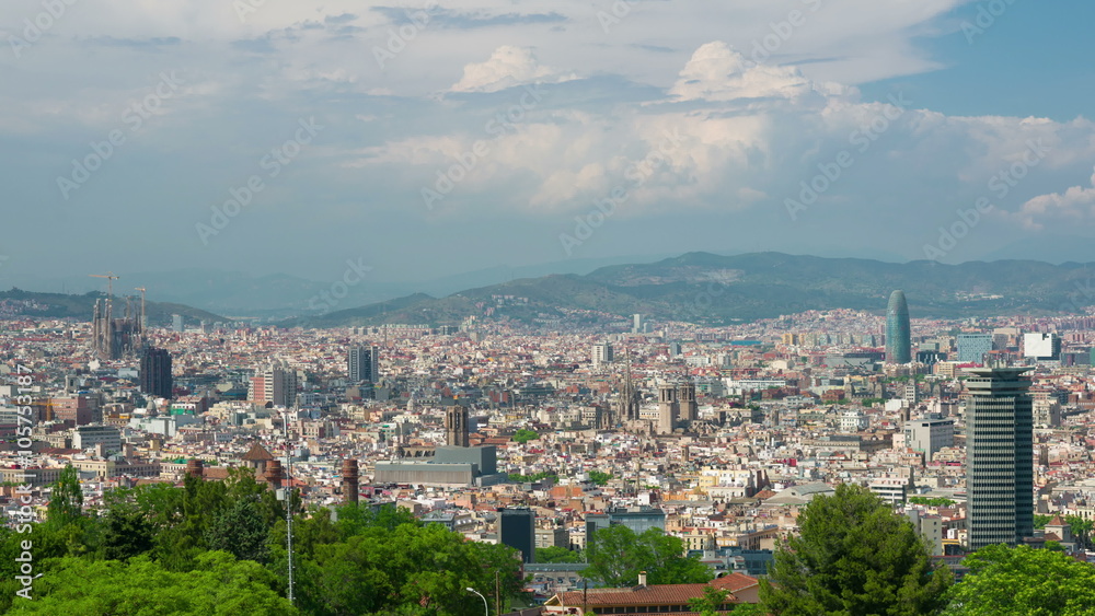 Aerial view of Barcelona in a spring day, timelapse