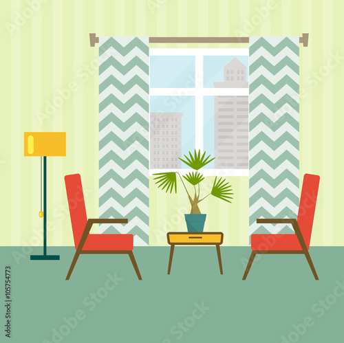 flat retro interior living room with chair, window and houseplant. Urban landscape vector illustration