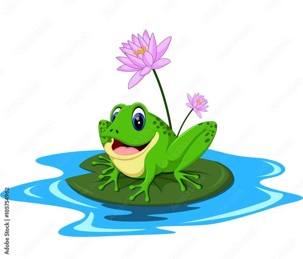 Fototapeta premium funny Green frog cartoon sitting on a leaf 