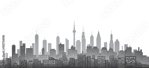 Black and white city skyline with urban skyscrapers