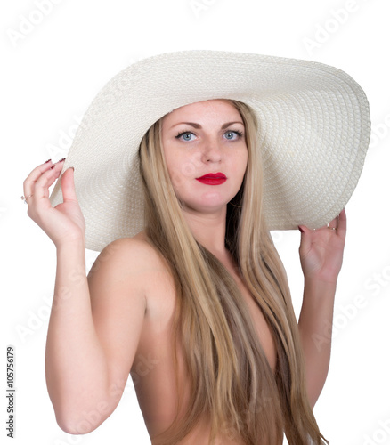 young beautiful woman in a large white hat, isolated on white background
