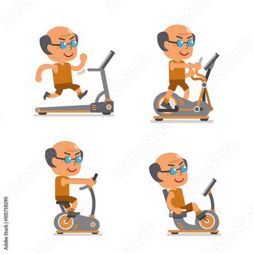 Cartoon old man with exercise machines