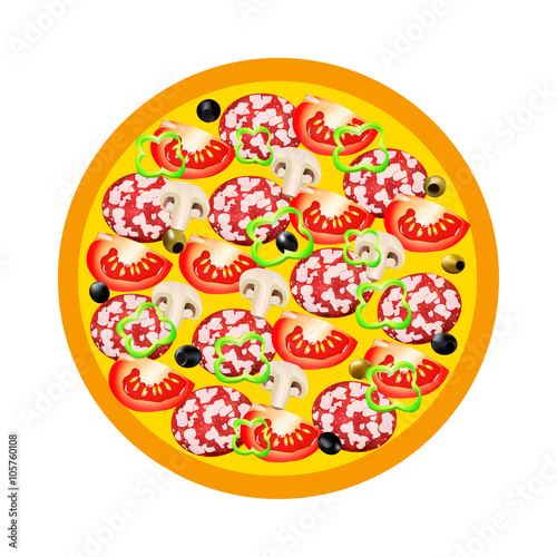 Pizza with salami, peppers, tomatoes, champignon and olives on a white background. Vector illustration. All elements are located on the isolated layers. Isolated on white