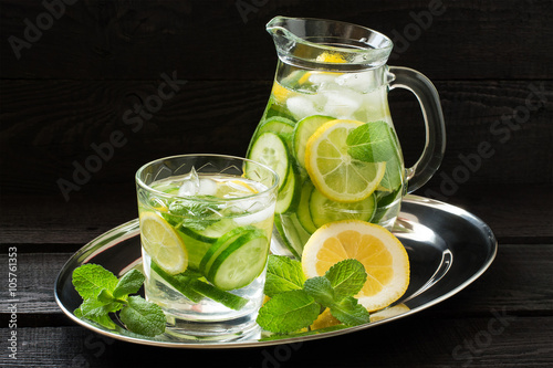 Water with lemon, cucumber, ginger and mint