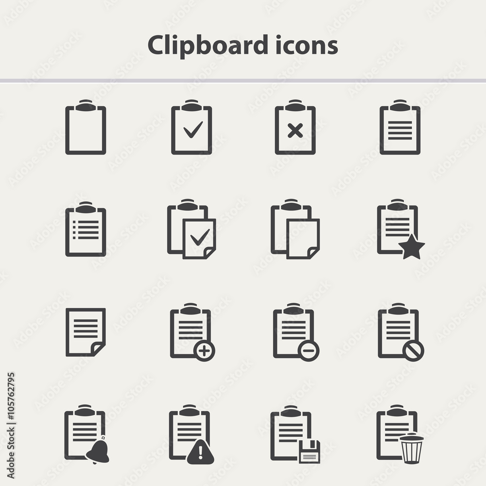 Vector black Clipboard icons set in flat style.Clipboard icons vector.Clipboard icons collection isolated.Vector List.Checklist vector.Office Clipboard icons set