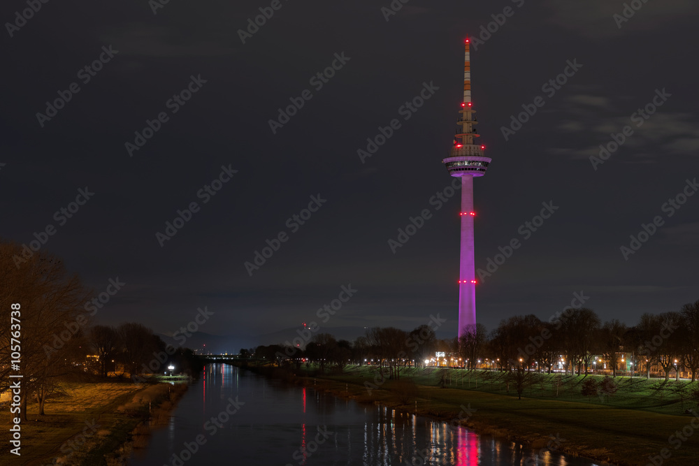 Single-Shot HDR of the river Neckar and the telecommunication tower in Mannheim in Germany as seen from a Bridge.