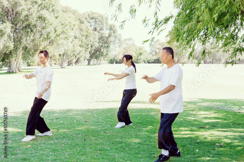 People practicing thai chi in park © Sergey Nivens