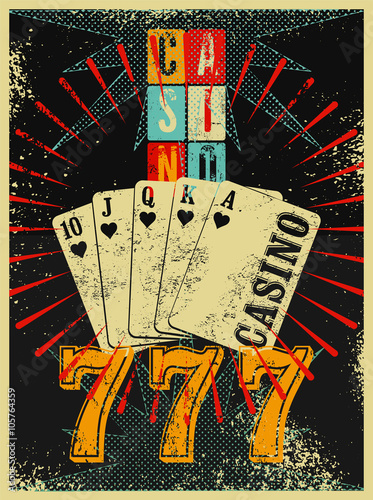 Casino vintage grunge style poster with playing cards. Retro vector illustration.