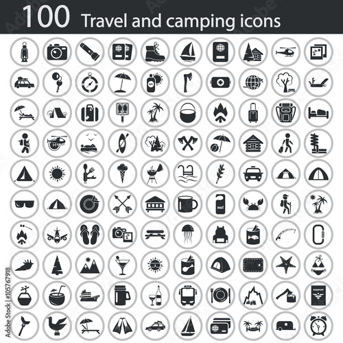 Set of one hundred travel and camping icons