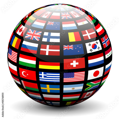 Flags of the world on a globe.