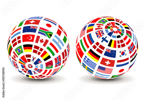 Flags of the world on a globe. 