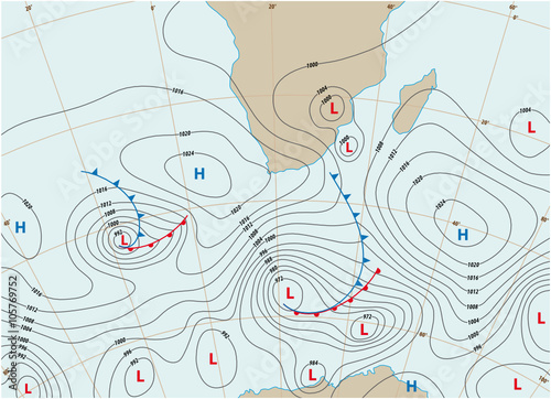 imaginary weather map showing isobars and weather fronts