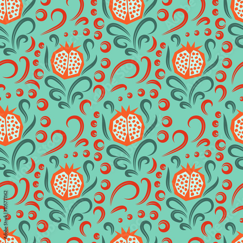 Pomegranate pattern. Seamless garnet fruit with floral swirls vector green and orange ornament.