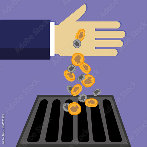 Businessman hand pouring money down the drain in the form of gold and silver coins