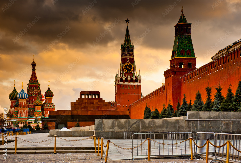 Spasskaya Tower and St. Basil's Cathedral on Red square (at sunset). Moscow. Russia