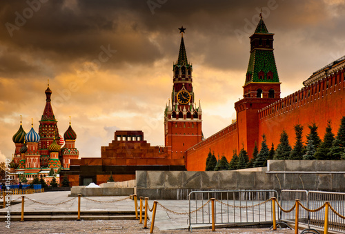 Spasskaya Tower and St. Basil's Cathedral on Red square (at sunset). Moscow. Russia