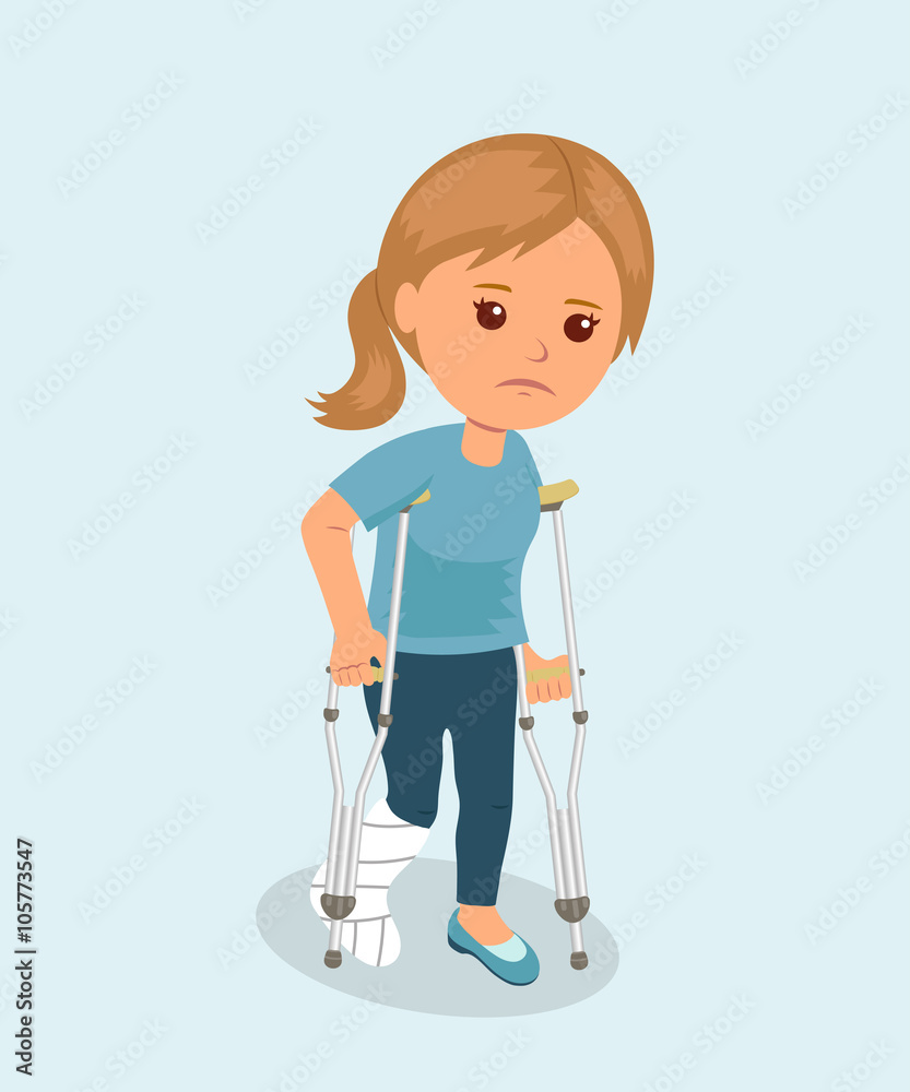 Female with crutches and a medical plaster bandage on leg. Safety concept. Health insurance. Bone fracture. Female with crutches and a medical plaster bandage on leg. Safety concept. Health insurance. Bone fracture.