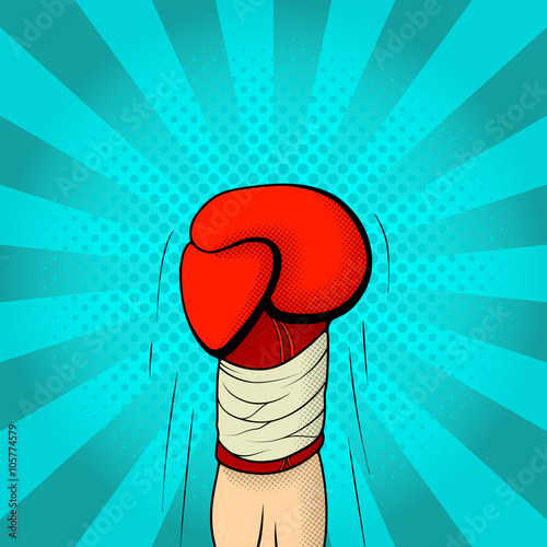 Illustration of boxing glove raised up on the retro background in pop art style. Hand of boxer in pop art style. Vector illustration.