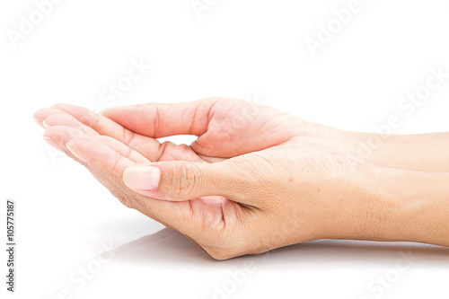 woman hands with open palms over white table