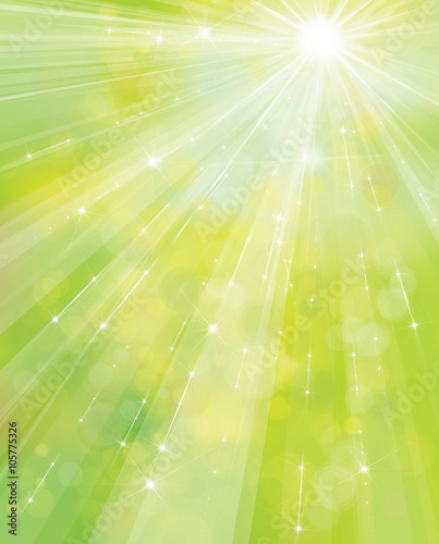 Vector green, spring background with rays, stars and lights.
