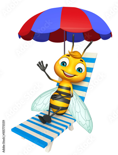 cute Bee cartoon character with beach chair
