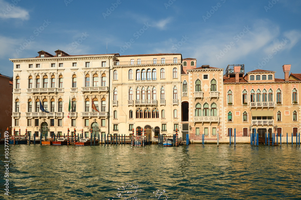 Cityscape of the historical city against sunlight with blue sky, Venice