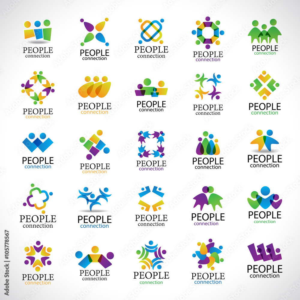 People Connection Icons Set-Isolated On Gray Background-Vector Illustration,Graphic Design Editable For Your Design.Collection Of Happy People,Unity Sign Connected.