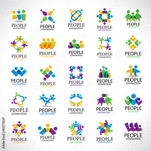 People Connection Icons Set-Isolated On Gray Background-Vector Illustration,Graphic Design Editable For Your Design.Collection Of Happy People,Unity Sign Connected.