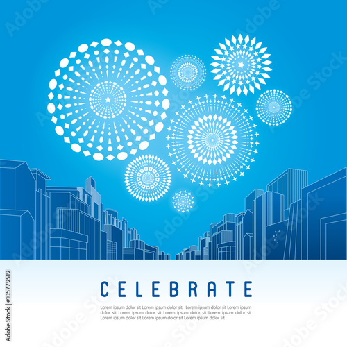 Cityscape with celebration fireworks background. Vector illustration