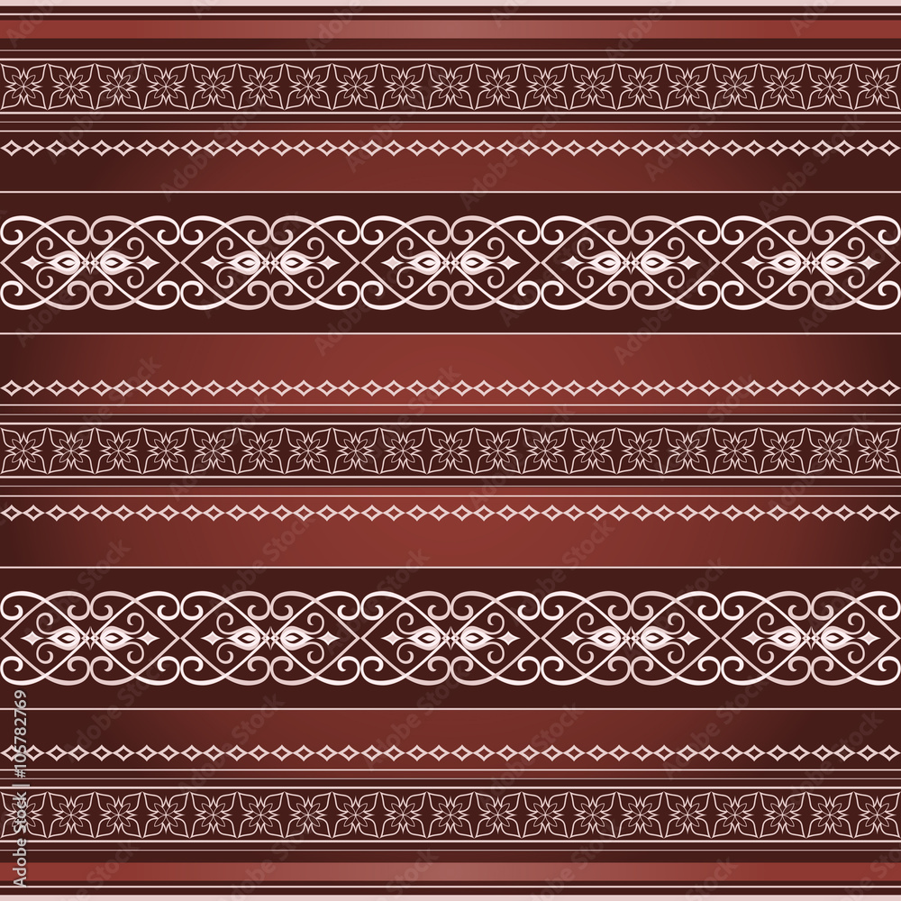 Decorative seamless border on a red brown background.
