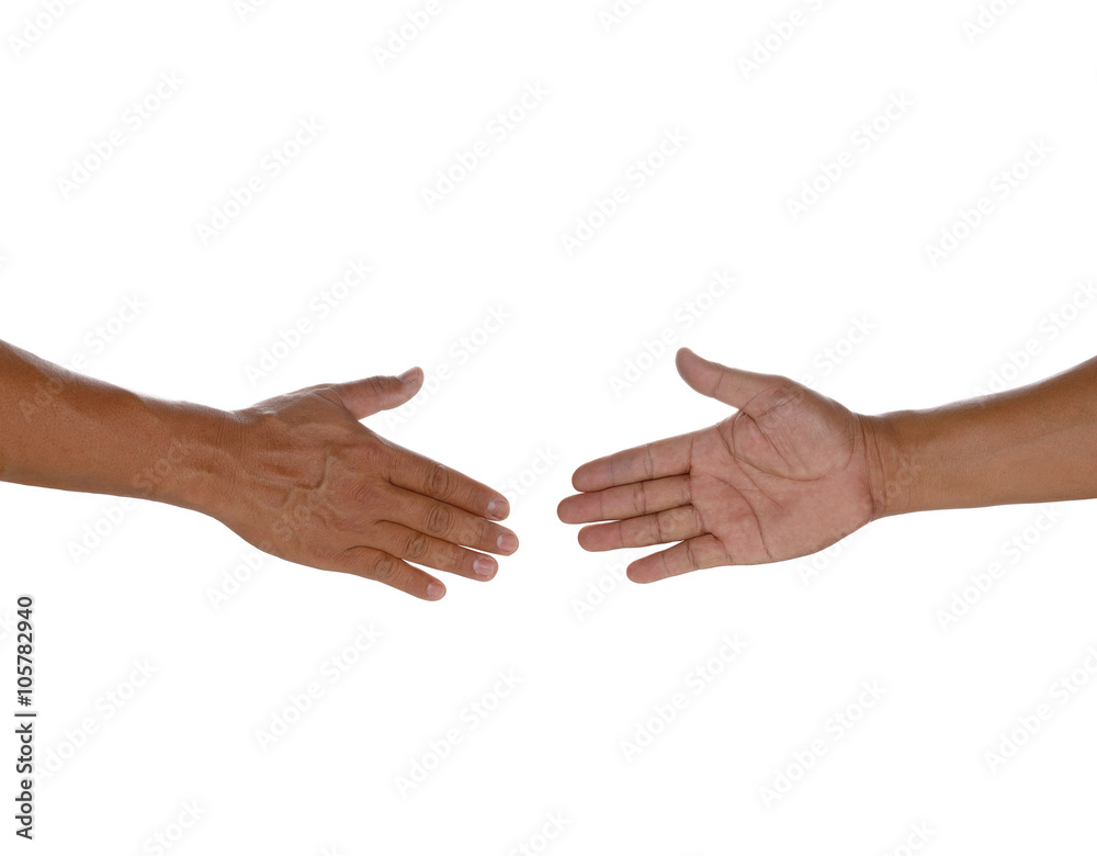 Two hands before handshake isolated on white background